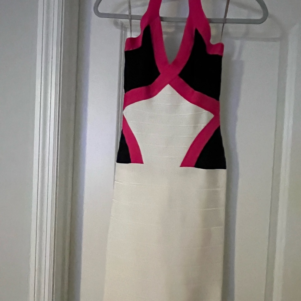 Herve Leger White and Cream Bodycon Cocktail Dress